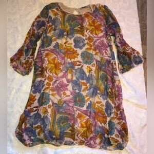 ELENA Baldi 100% Silk Outer Floral Bell Sleeve Short Dress Sz Small